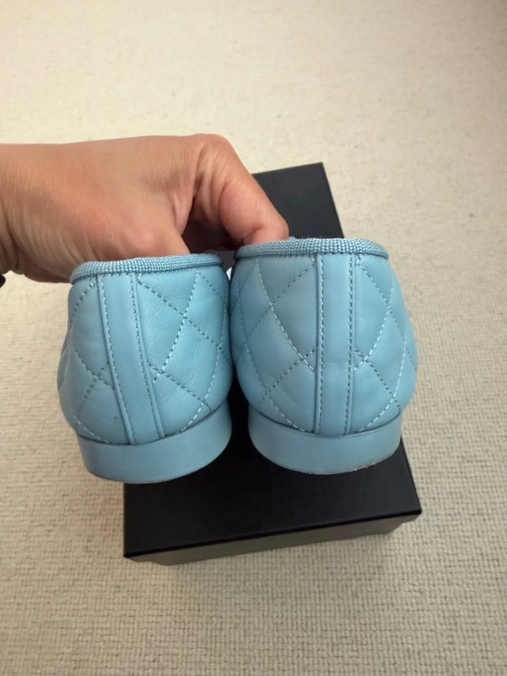CHANEL Blue Quilted Leather Ballet Flats with Bow